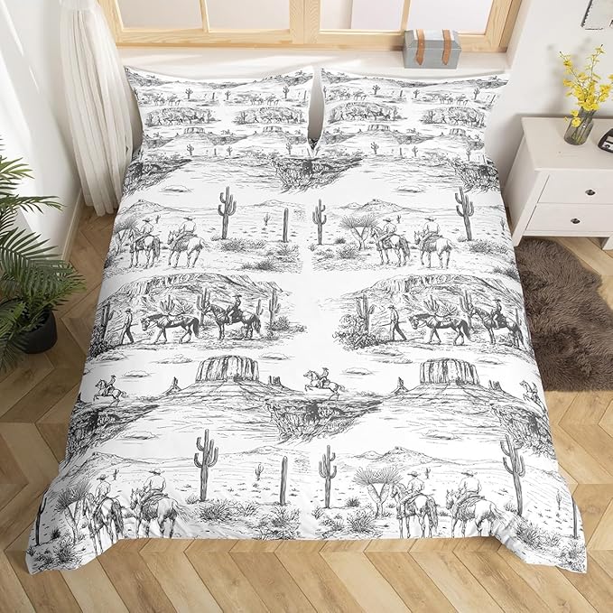 Southwest Cowboy Duvet Cover Set Twin Size Western Desert Bedding Set 2Pcs Black White Farmhouse Comforter Cover for Boys Men Girls Adult Room Decor Wild Horse Cactus Quilt Cover,1 Pillowcase