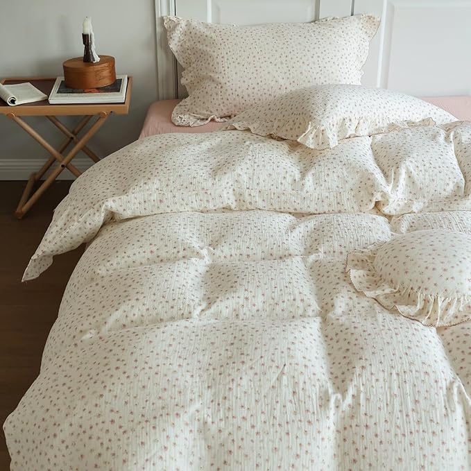 BuLuTu Girls Duvet Cover Twin Kids Comforter Cover Pink Floral Print Quilt Cover Ruffled Bedding Decor, Pure Cotton Gauze Duvet Cover for All Seasons, Soft Lightweight Breathable, Machine Washable