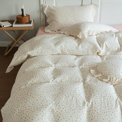 BuLuTu Girls Duvet Cover Twin Kids Comforter Cover Pink Floral Print Quilt Cover Ruffled Bedding Decor, Pure Cotton Gauze Duvet Cover for All Seasons, Soft Lightweight Breathable, Machine Washable
