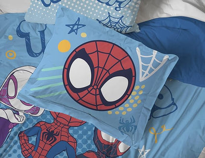Jay Franco Kids Comforter Set Includes Sheets and Pillow Covers - Soft and Cozy Bed Set for Stylish Room Decor, Light Blue - Spidey & His Amazing Friends, 7 Piece Queen Bedding