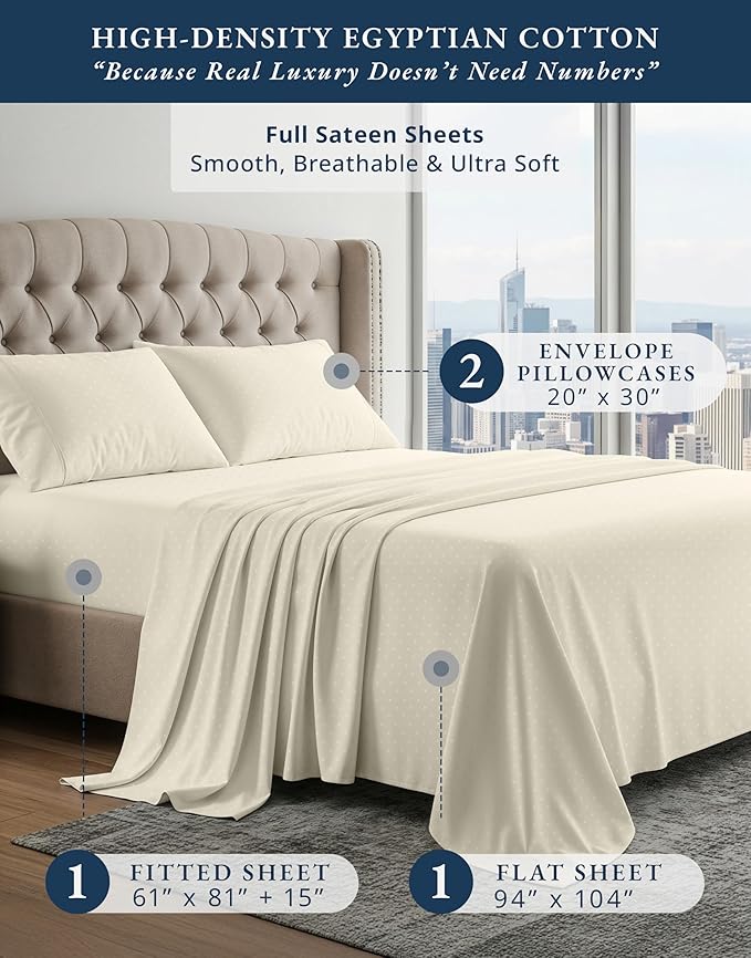 LANE LINEN 100% Egyptian Cotton Full Size Sheets, No Pill Cooling Sheets Full, Soft & Comfy Sateen Weave for Silky Smooth Finish, Available in Variety of Colors Jaquard Swiss Dot - Ivory