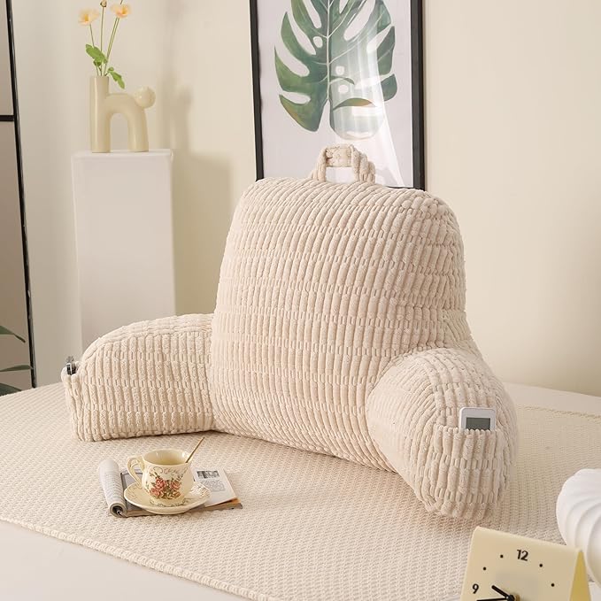 Reading Pillow for Sitting in Bed, Large Backrest Reading Pillow with Arm Rest,Back-Rest Support Cushion for Sit Up on Couch, Sofa, and Floor, Dorm Essentials (Cream Corduroy, Large(19"))