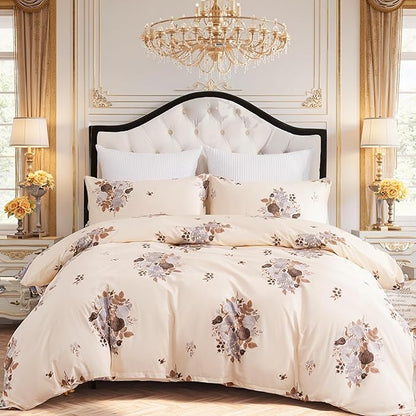 Cream Floral Duvet Cover King Size - 100% Cotton Comforter Cover Elegant Flower Botanical Duvet Cover Sets 3-PC, Breathable Duvet Cover with Zipper Closure & Corner Ties