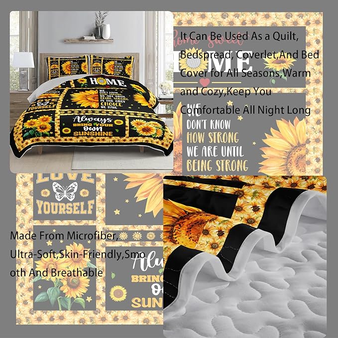 AILONEN Girls Sunflower Quilt Set Queen Size, 3Pcs Black Yellow Flower Bed Cover Bedding Set for Kids and Adults, Lightweight Bedspread Coverlet with 2 Pillowcases All Season