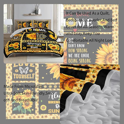 AILONEN Girls Sunflower Quilt Set Queen Size, 3Pcs Black Yellow Flower Bed Cover Bedding Set for Kids and Adults, Lightweight Bedspread Coverlet with 2 Pillowcases All Season