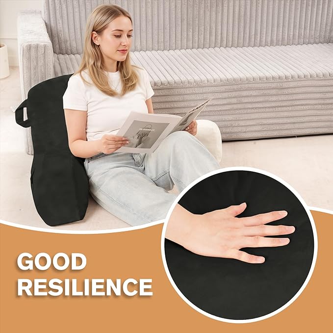 Portable Comfy Reading Pillows for Bed Sitting Up(Grey Oeko-Tex), Velvet Back Pillow with Arms & Pockets for Adults, Support Memory Foam Bed Pillow for Dorm/Reading/Watching/Gaming