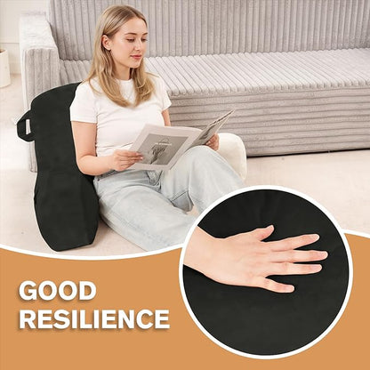 Portable Comfy Reading Pillows for Bed Sitting Up(Grey Oeko-Tex), Velvet Back Pillow with Arms & Pockets for Adults, Support Memory Foam Bed Pillow for Dorm/Reading/Watching/Gaming
