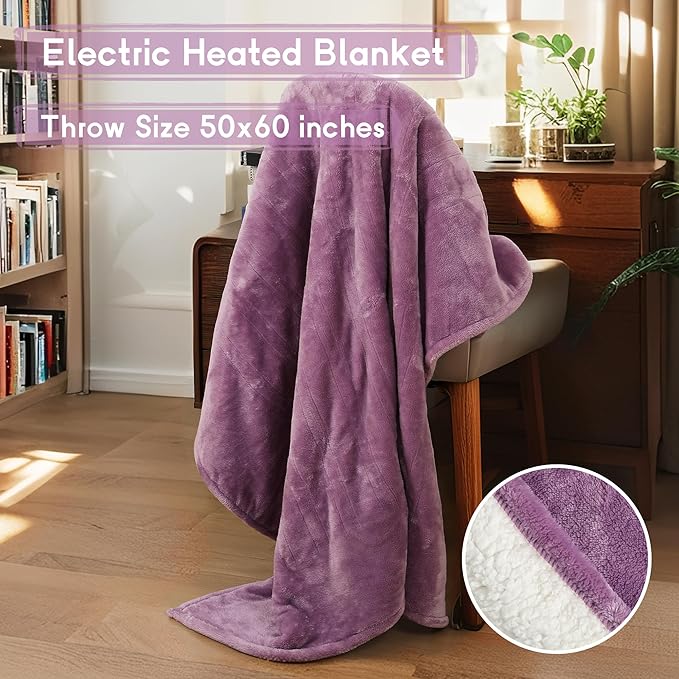 Heated Blanket Electric Throw 50''x60'', 3 Hour Auto Shut-Off 5 Heating Levels Small Warm Soft Flannel Electric Blanket Machine Washable - Purple