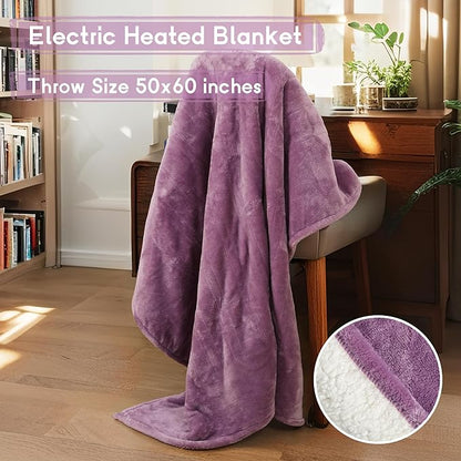Heated Blanket Electric Throw 50''x60'', 3 Hour Auto Shut-Off 5 Heating Levels Small Warm Soft Flannel Electric Blanket Machine Washable - Purple