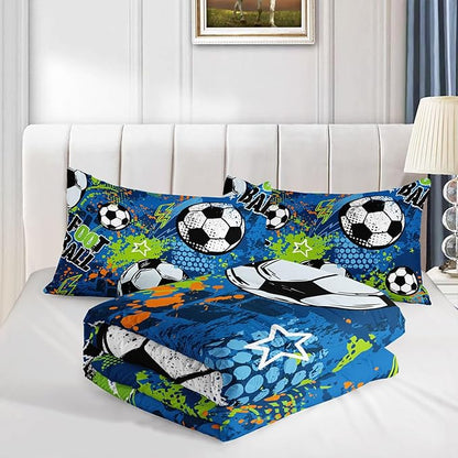 Soccer Comforter Set Sport Themed Blue Printed Bedding Set with 1 Comforter and 2 Pillowcases for Boys and Girls Bedroom All Season(Soccer-2 Full)