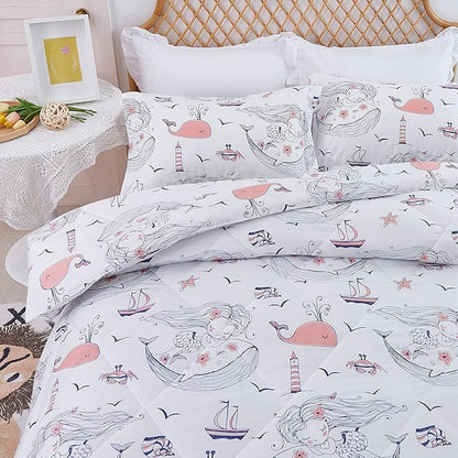 JSD Mermaid Full Comforter Set for Girls, 3 Piece Ocean Theme Microfiber Comforter with Pillow Shams, Lightweight All Season Washable