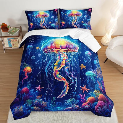 Fantasy Jellyfish Comforter Queen Bedding Sets for Girls Kids Toddlers,Coral Starfish Ocean Theme Bedroom Decor,Blue Underwater World Bedding Sets with 2 Pillowcases.