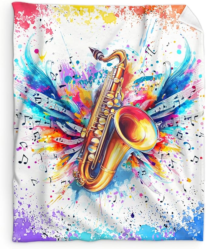 Music Saxophone Blanket for Kids Teens Adults, Music Note Throw Blanket Gifts for Music Lovers Boys Girls, 60x80 Inches Soft Flannel Blanket Music Decor for Bed Couch Sofa Home