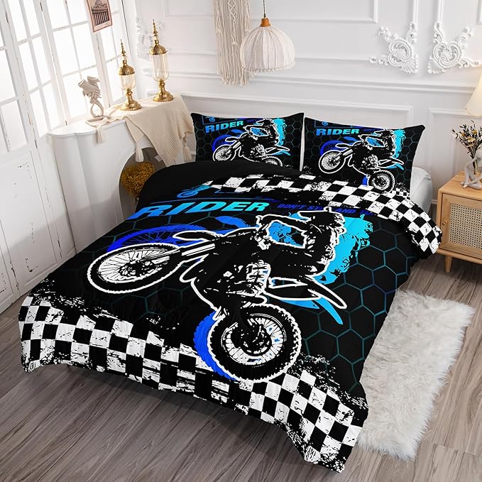 Kids Comforter Set Motocross Printed Pattern Bedding Set with 1 Comforter and 2 Pillowcases for Girls Boys Bedroom All Season(Motocross02 Queen)