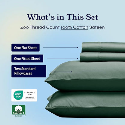 California Design Den Full Size Bed Sheets Set - Soft 400 Thread Count Sateen, Natural 100% Cotton Sheets with Deep Pockets, Breathable, and Durable Bedding Set - Hunter Green