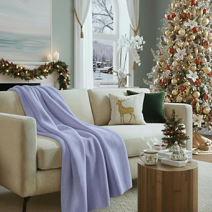 Cloud Scape Linen Herringbone Cotton Throw Blanket for Couch, Bed,Sofa, Home Decor, Soft, Heavy, All-Season, Winter Bed Blanket, Best Gift for Christmas, 50 x 70, Lavender Blue