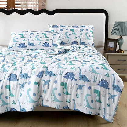 SDIII Dinosaur Comforter Queen 3 Pieces, Silky Breathable Microfiber and Spandex, Cute Dinosaur Queen Bedding Set for Boys Girls Kids and Teens