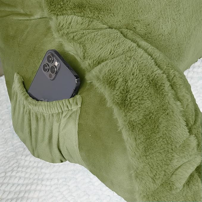 Faux Fur Assembly Need DIY Extra Large Backrest Reading Bed Rest Pillow with Arms and Pockets for Sitting in Bed Couch Sofa, Removable Cover & Filling Seprated, 28" x 30" x17", Moss Green