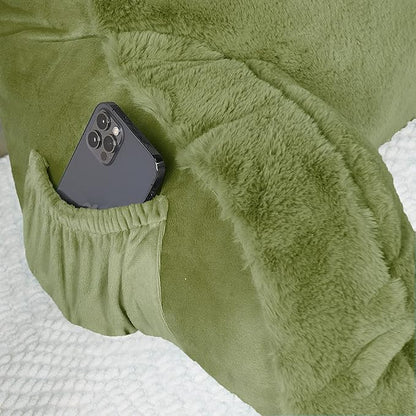 Faux Fur Assembly Need DIY Extra Large Backrest Reading Bed Rest Pillow with Arms and Pockets for Sitting in Bed Couch Sofa, Removable Cover & Filling Seprated, 28" x 30" x17", Moss Green