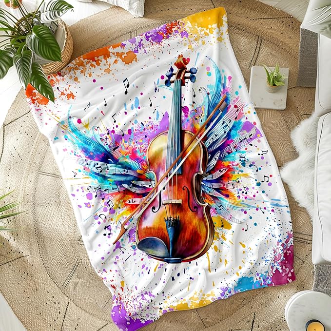Music Blanket for Kids Teens Adults, 50x60 Inches Violin Throw Blanket Gifts for Women Girls Musician Music Enthusiast, Vintage Soft Fuzzy Flannel Music Themed Blanket Decor for Couch Sofa Bed
