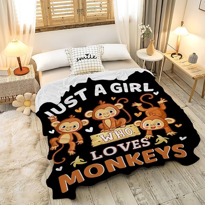 Monkey Blanket for Girls Just A Girl Who Loves Monkeys Gifts for Kids Women Soft Lightweight Comfortable Throw Blanket for Bedding Sofa Camping 60x80inches