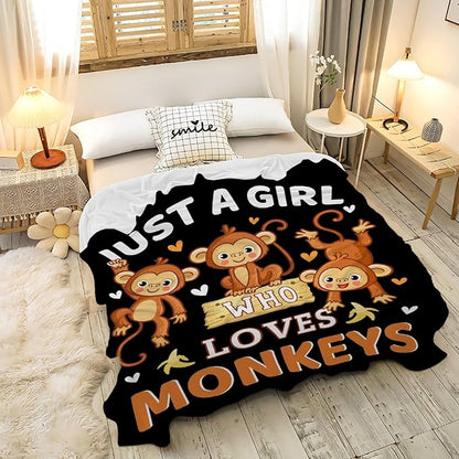 Monkey Blanket for Girls Just A Girl Who Loves Monkeys Gifts for Kids Women Soft Lightweight Comfortable Throw Blanket for Bedding Sofa Camping 90x0inches
