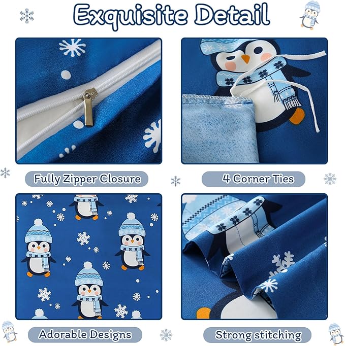 JSD Penguin Snowflakes Kids Christmas Duvet Cover Set Queen Size, 3 Piece Xmas Comforter Cover with Pillow Sham Zipper Closure, Comforter Not Included
