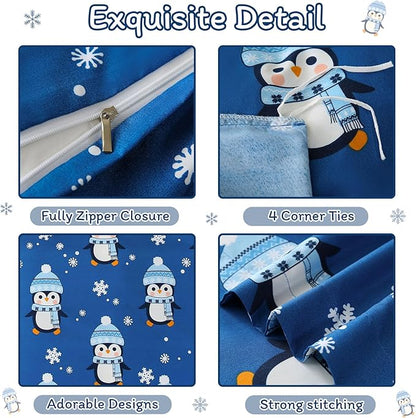 JSD Penguin Snowflakes Kids Christmas Duvet Cover Set Queen Size, 3 Piece Xmas Comforter Cover with Pillow Sham Zipper Closure, Comforter Not Included