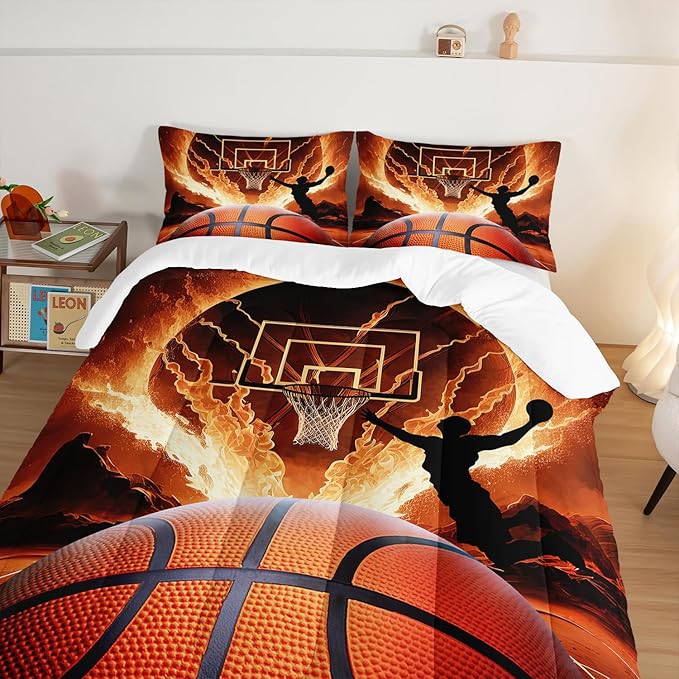 Basketball Bedding Set Twin Size,Slam Dunk Flame Basketball Print Bedding Comforter Set for Boys Girls Bedroom Decor,Sports Themed Sets Comforter with 2 Pillowcases.