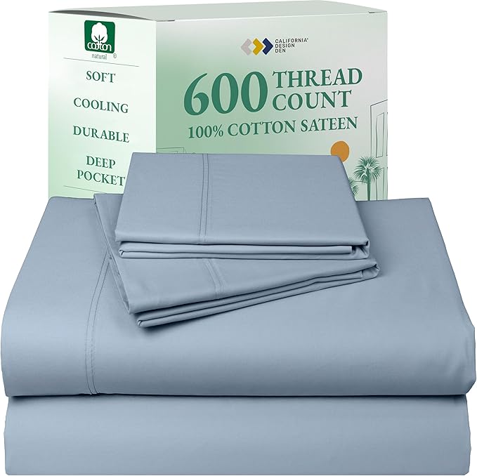 California Design Den California King Sheet Set - 100% Cotton, 600 Thread Count Deep Pocket Cal King Sheet Set, Luxury Hotel-Quality Sheets with Soft Sateen Weave - Blue