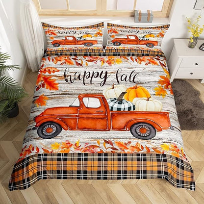 Castle Fairy Happy Fall Pumpkin Bedding Set Twin,Autumn Maple Leaves Truck Print Duvet Cover with 1 Pillow Sham Comforter Cover for Kids Boys,Plaid and Wooden Board Quilt Cover Set Decorative 2 Pcs