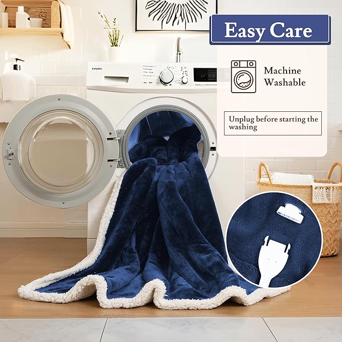Electric Heated Blanket Flannel & Sherpa 72"x84" Full Size - 4 Heat Levels, 10H Auto Shut Off, Fast Heating, Cozy and Comfortable, Warm Gifts, Machine Washable - Dark Blue