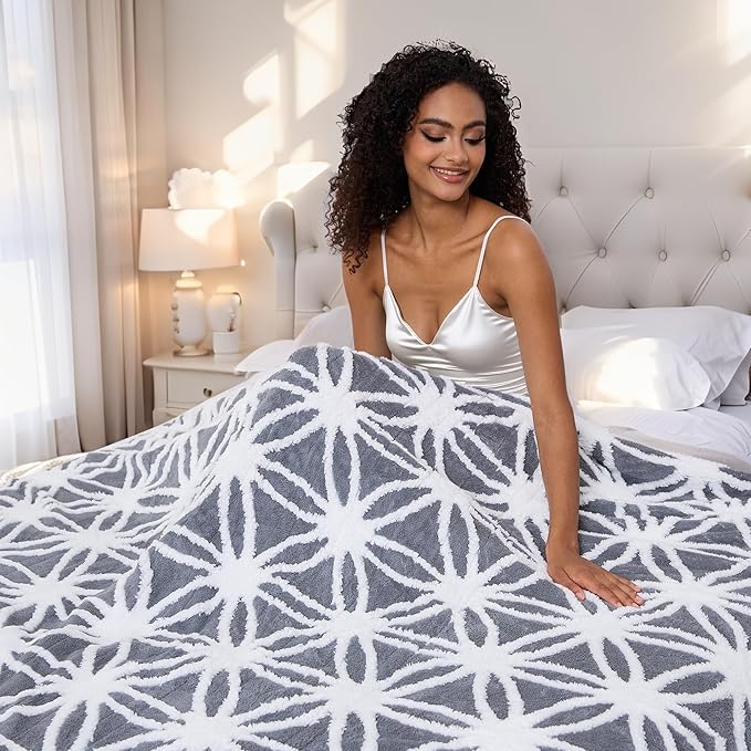 Electric Heated Blanket Full Size 72"x84" Ultra Soft Sherpa Fleece with Elegant Prints, 5 Heat Levels & 10H Auto-Off, Fast Heating for Cozy Winter Comfort, Grey & White
