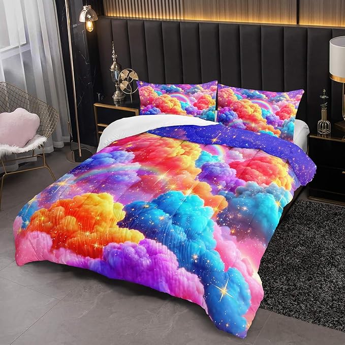Rainbow Sparkles Kids Full Size Comforter Set for Girls，Full Size Colorful Cloud Bedding Sets for Girls，with 1 Comforter with 2 Pillow Case