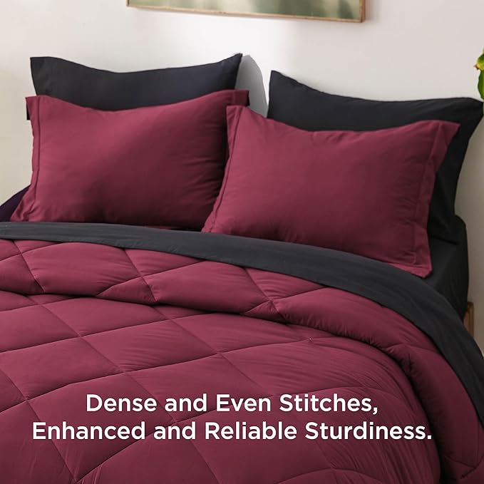 Bedsure Full Size Comforter Set - 7 Pieces Reversible Burgundy and Black Bedding, Full Size Bed Set for All Seasons, Bed in a Bag with Down Alternative Comforter, Sheets, Pillowcases & Shams