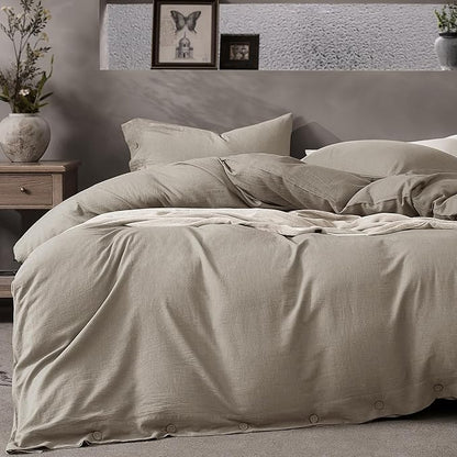 JELLYMONI Cotton Duvet Cover Full Size - Taupe Comforter Cover with Button 100% Washed Cotton 3PCS Breathable Soft Solid Bedding Set Duvet Cover 80×90in & 2 Pillowcases (NO Comforter)