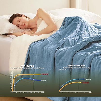 Heat Blanket 50”x60” Throw,Soft Flannel & Sherpa Reversible Electric Blanket with 10 Heat Settings,12 Timer Setting and 3 Hours Auto-Shut Off,ETL Certified Machine Washable,Light Blue