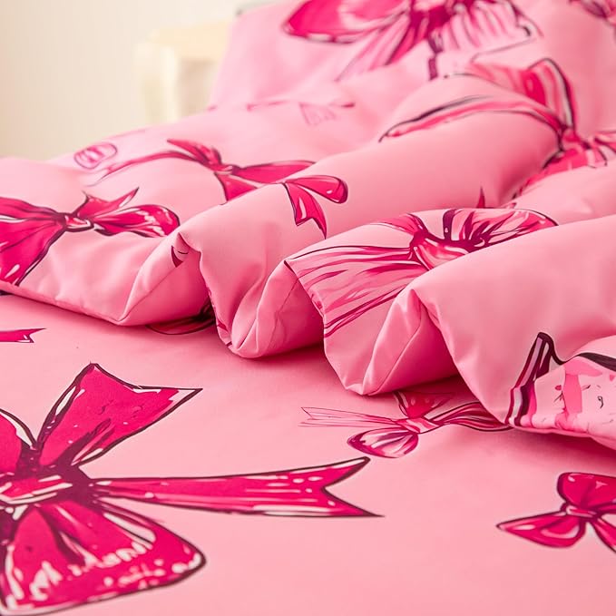 SDIII 4 Piece Pink Bow Girl Toddler Bedding Set, Cute Bowknot Princess Toddler Bedding Set with Comforter, Fitted Sheet, Flat Sheet and Pillowcase