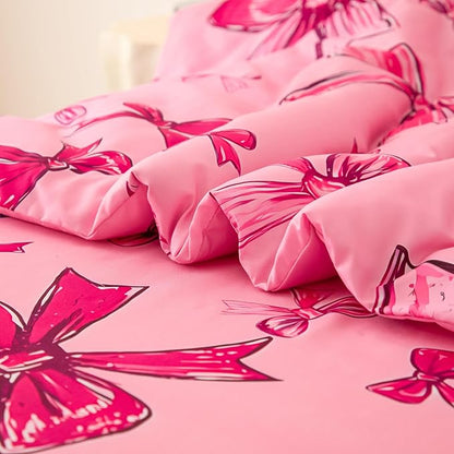 SDIII 4 Piece Pink Bow Girl Toddler Bedding Set, Cute Bowknot Princess Toddler Bedding Set with Comforter, Fitted Sheet, Flat Sheet and Pillowcase