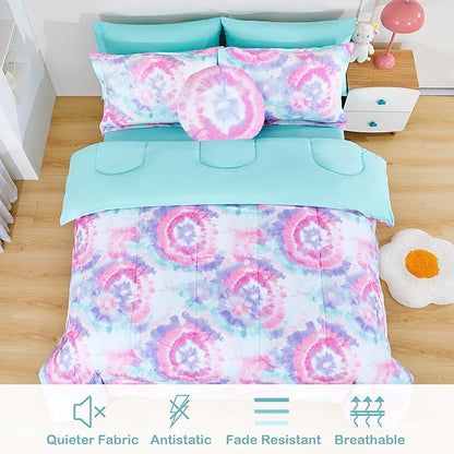 Mooreeke Tie Dye Kids Comforter Bed Set Full Size for Girls, 8 Pieces Bed in a Bag with Shams, Sheet Set, A Toy Pillow Dark Pink Round Flower Full Soft Microfiber Kids Comforter Bedding Set