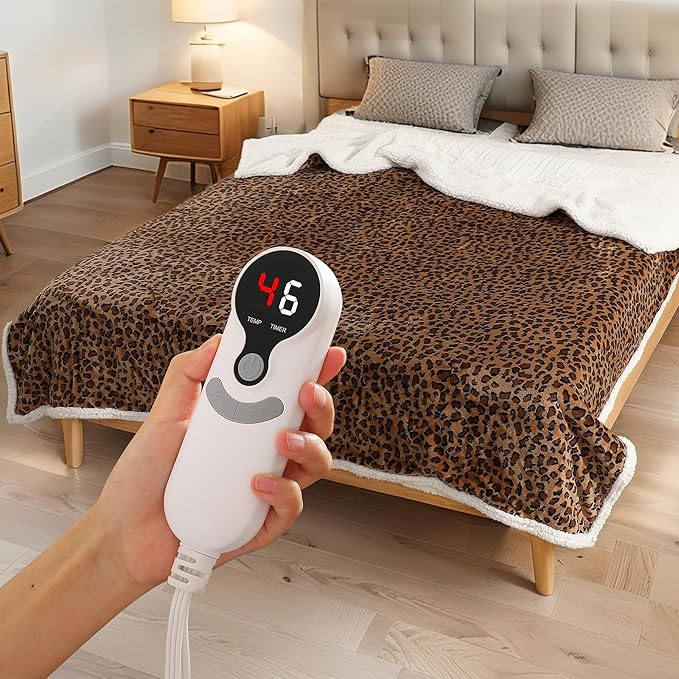 LUXIAN Electric Heated Blanket Full Size 72"x84" - Microplush & Sherpa Fabric Dual-Sided, 6 Heat Settings & 10 Hours Auto Off, Cozy Warming Throw for Office or Bed, Machine Washable, Leopard Print