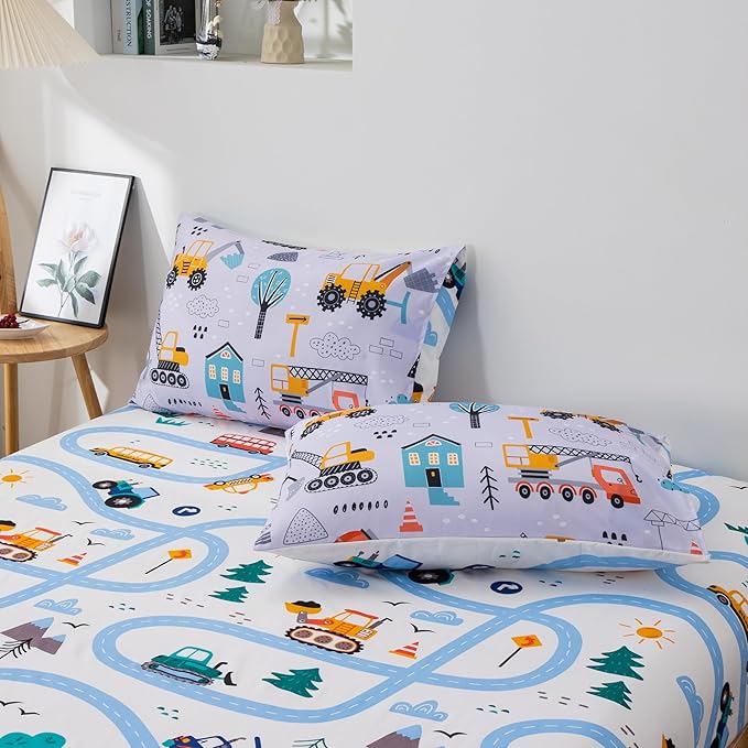 NTBED 5 Pieces Construction Cars Comforter Set Twin for Boys Kids Bed in a Bag Vehicles Transportation Lightweight Microfiber Bedding Sets,Light Grey