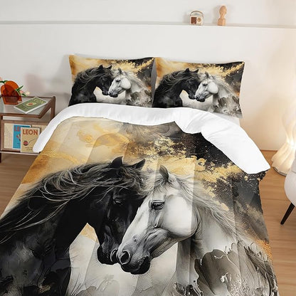 Black White Horses Comforter Set Twin Size,Golden Ink Painting Flora Bedding Set for Kids and Adults Bedroom Horse Decor,Wild Animal Theme Art Aesthetics Comforter Set with 2 Pillowcases.