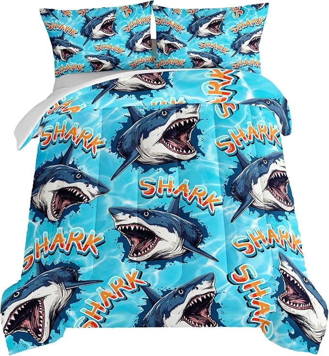 HOSIMA Shark Comforter Set Full Size,Ocean Theme Bedding Set for Kids Boys,3D Shark Pattern Nautical Comforter Set,Sea Animal Theme Ocean Decor Bedroom Collection with 2 Pillowcases.