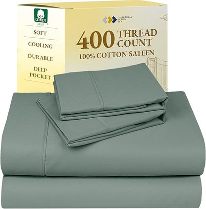 California Design Den 400 Thread Count, Natural 100% Cotton Sheets Sateen, Soft King Bed Sheets Set, Deep Pockets with All-Around Elastic for a Snug Fit, Durable Bedding Set - Sage Green