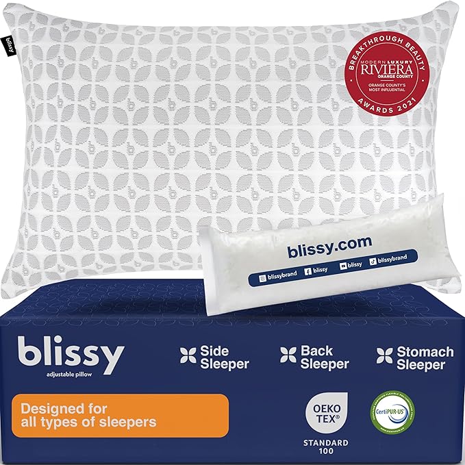 BLISSY Adjustable Memory Foam Pillow King Size – Cooling Memory Foam Pillows for Side Sleepers – Cooling Gel Pillow with Shredded Memory Foam – CertiPUR-US & Oeko-TEX