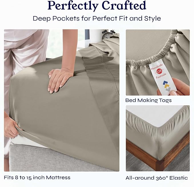 California Design Den Split King Sheets Sets for Adjustable Bed - Soft 100% Cotton Sheets, 400 Thread Count Sateen, Deep Pockets, Durable Bedding - Taupe