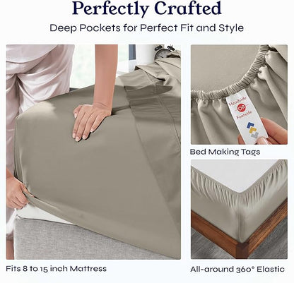 California Design Den Split King Sheets Sets for Adjustable Bed - Soft 100% Cotton Sheets, 400 Thread Count Sateen, Deep Pockets, Durable Bedding - Taupe