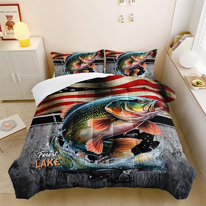 Big Pike Fishing Comforter Set for Kids Men Women, 3 Piece Striped Bass Big Fish American Flag Bedding Set Queen Size, Theme Quilt Decorative Soft Bedding Set with 2 Pillowcases