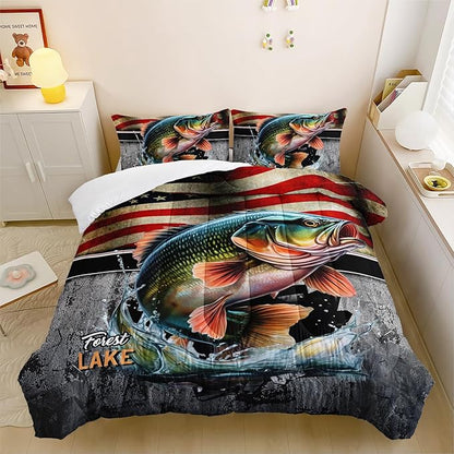 Big Pike Fishing Comforter Set for Kids Men Women, 3 Piece Striped Bass Big Fish American Flag Bedding Set Twin Size, Theme Quilt Decorative Soft Bedding Set with 2 Pillowcases